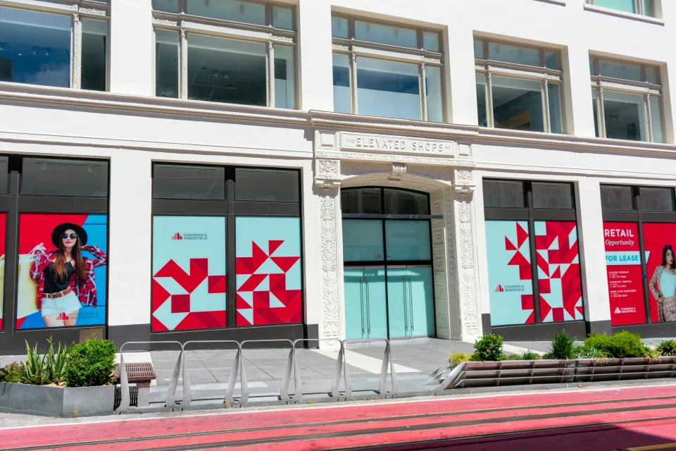 Vacant storefront in historic building on Powell Street in San Francisco, California